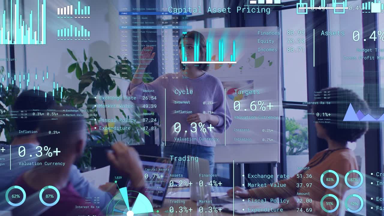 Woman presenter standing near flipchart starting briefing and animating finance HUD overlaying team