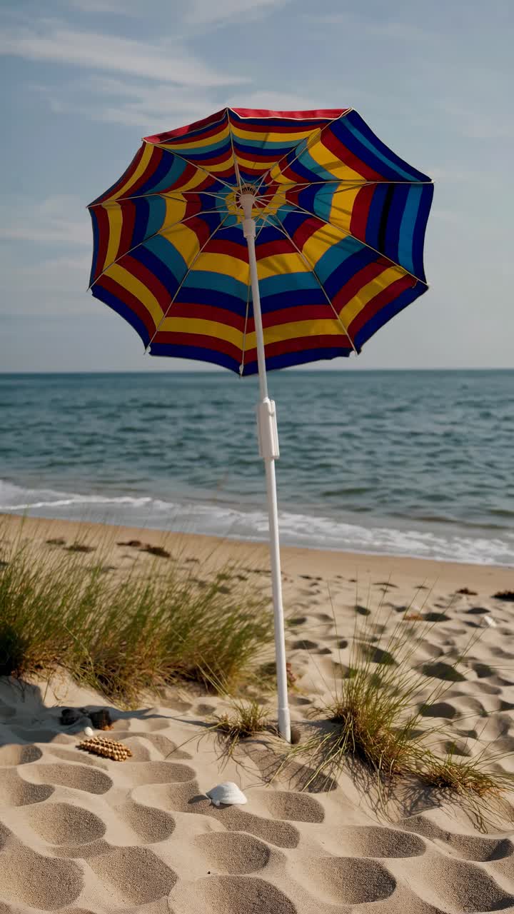 Colorful beach umbrella on sandy shore with sea view. Low-angle shot captures serene beach vibe