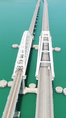 aerial view of a modern bridge spanning a body of water