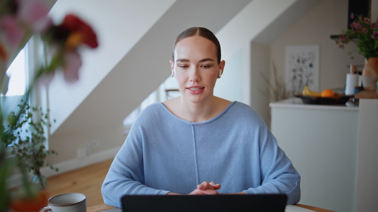Online woman speaking computer at modern apartment closeup. Lady video calling