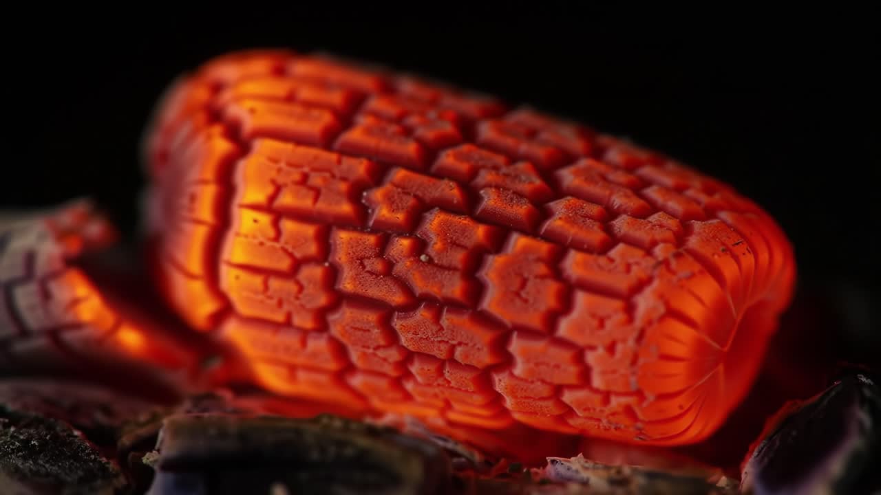 Glowing Embers: A Close-Up Study of Red Hot Coals Revealing Complex Textures and Bright Colors in an Intimate Look at Fire's Essence