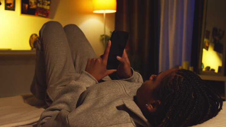 Woman using a smartphone in bed at night