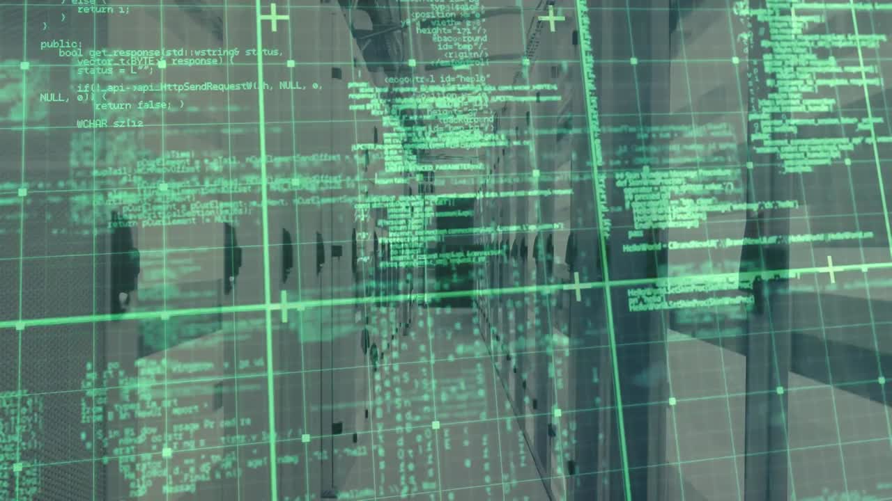 Animation of data processing over grid network and light trails against computer server room