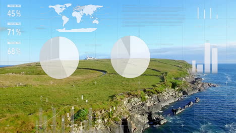 data visualization animation over coastal landscape with cliffs and ocean