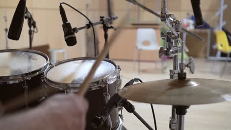 close up of playing hi-hat drums kit in studio, closeup