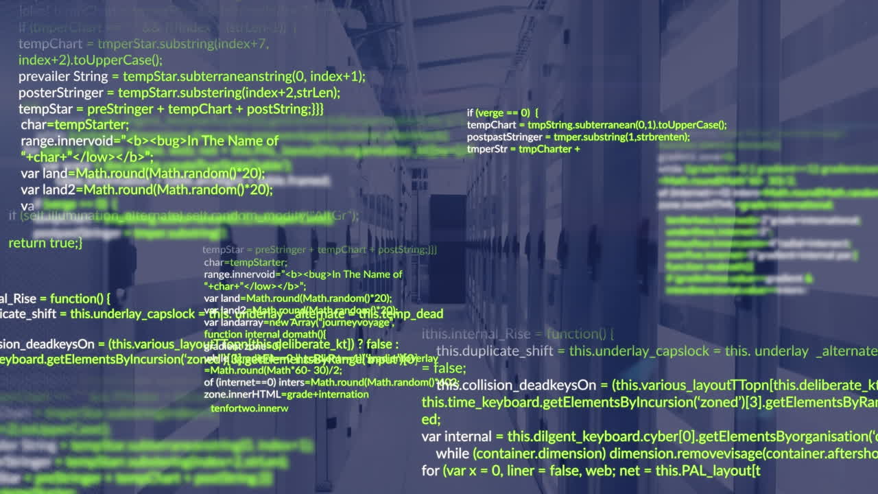 animación del procesamiento de datos y rastros de luz contra la sala de servidores de computadoras