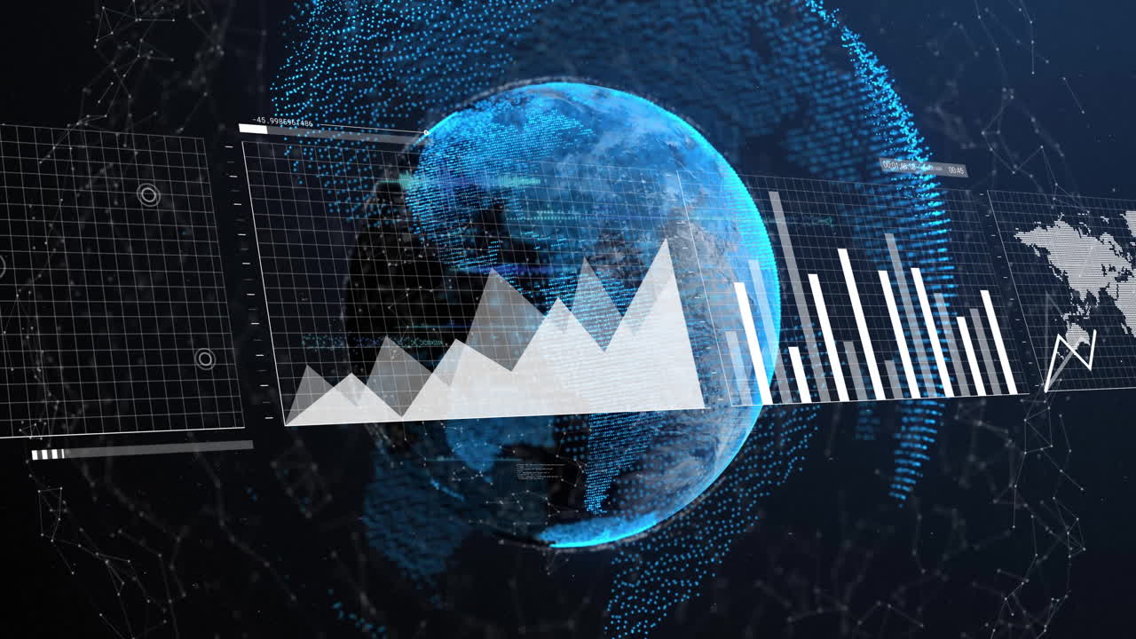 Animation of diagrams and globe on black background