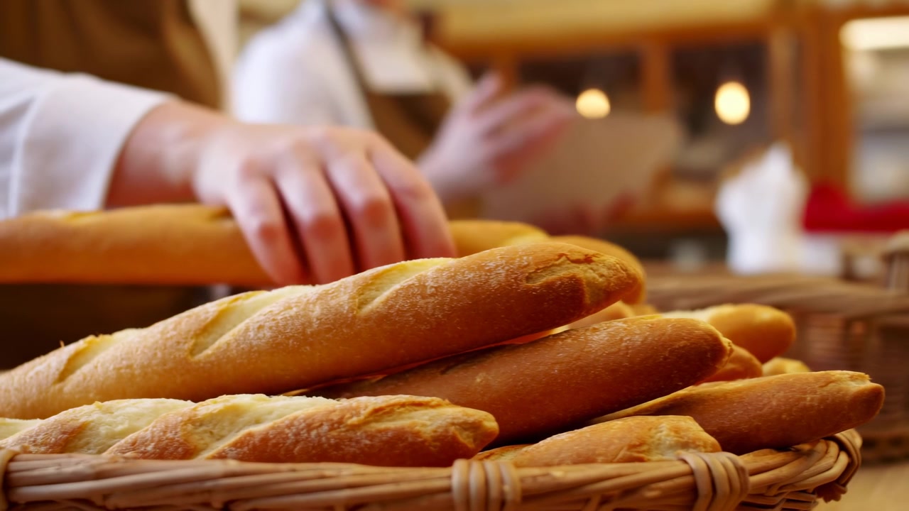 Close-up countertop view shows hand gently selecting golden-brown crusty bread roll from woven wicker basket at bakery counter, creating inviting bakery atmosphere with soft natural light