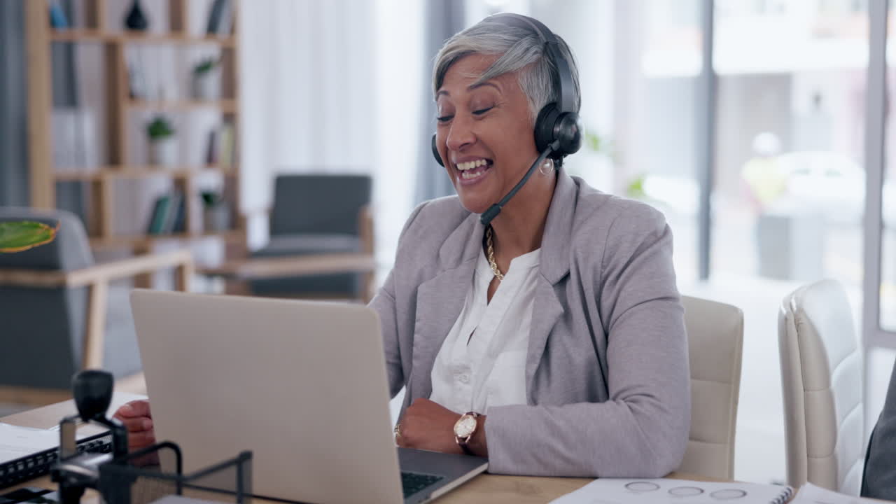 Happy woman, laptop and video call with headphones