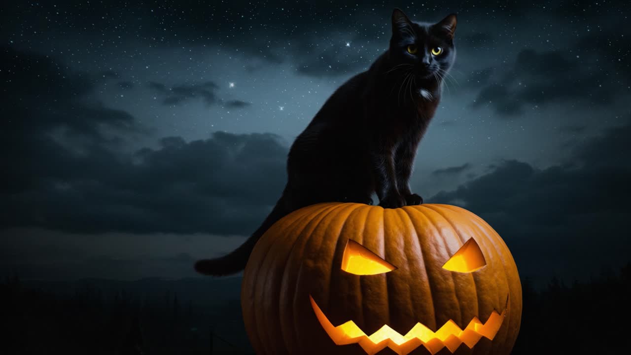 A Mysterious Black Cat Perched on a Grinning Jack-o'-Lantern Against a Spooky Night Sky, Perfectly Capturing the Spirit of Halloween and Eerie Charm