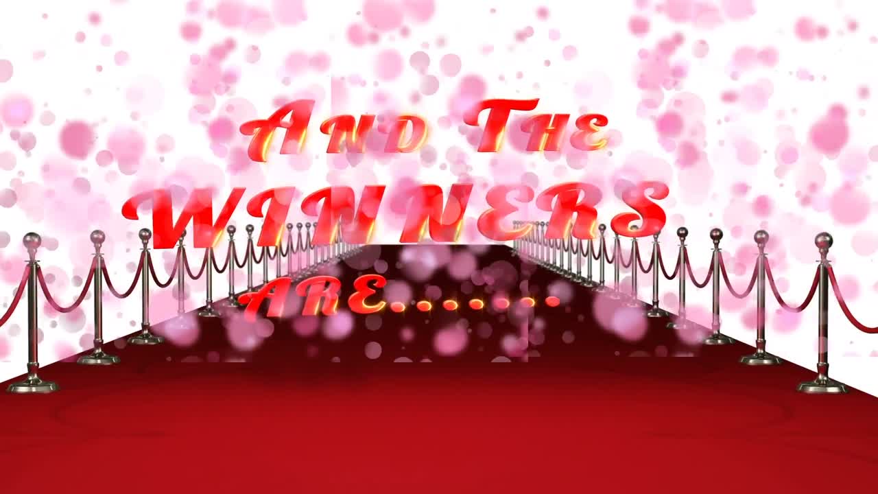 핑크색 점들이 떠다니고 우승자는 텍스트와 빨간 카 ⁇ 입니다.
