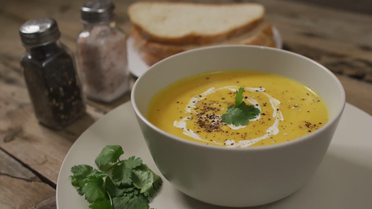video de sopa de verduras con crema en un cuenco en una mesa de madera con decoraciones