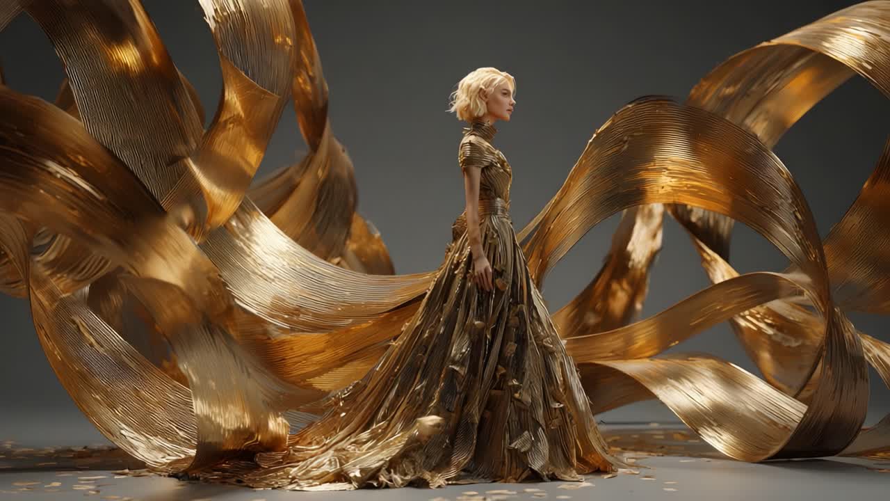 Elegant Woman in Golden Dress Surrounded by Flowing Fabric