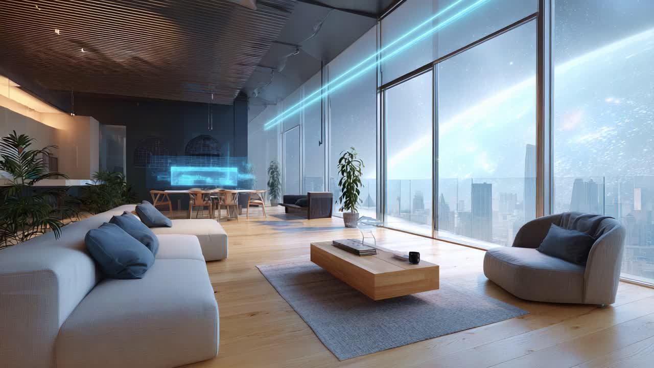 Modern Futuristic Living Room with Panoramic View of a Distant Planet and Stylish Minimalist Furniture in a Spacious Urban Setting