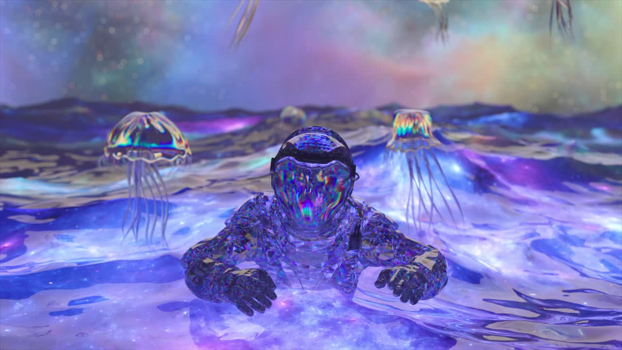 우주 비행사가 해파리와 함께 우주 물에서 수영합니다.