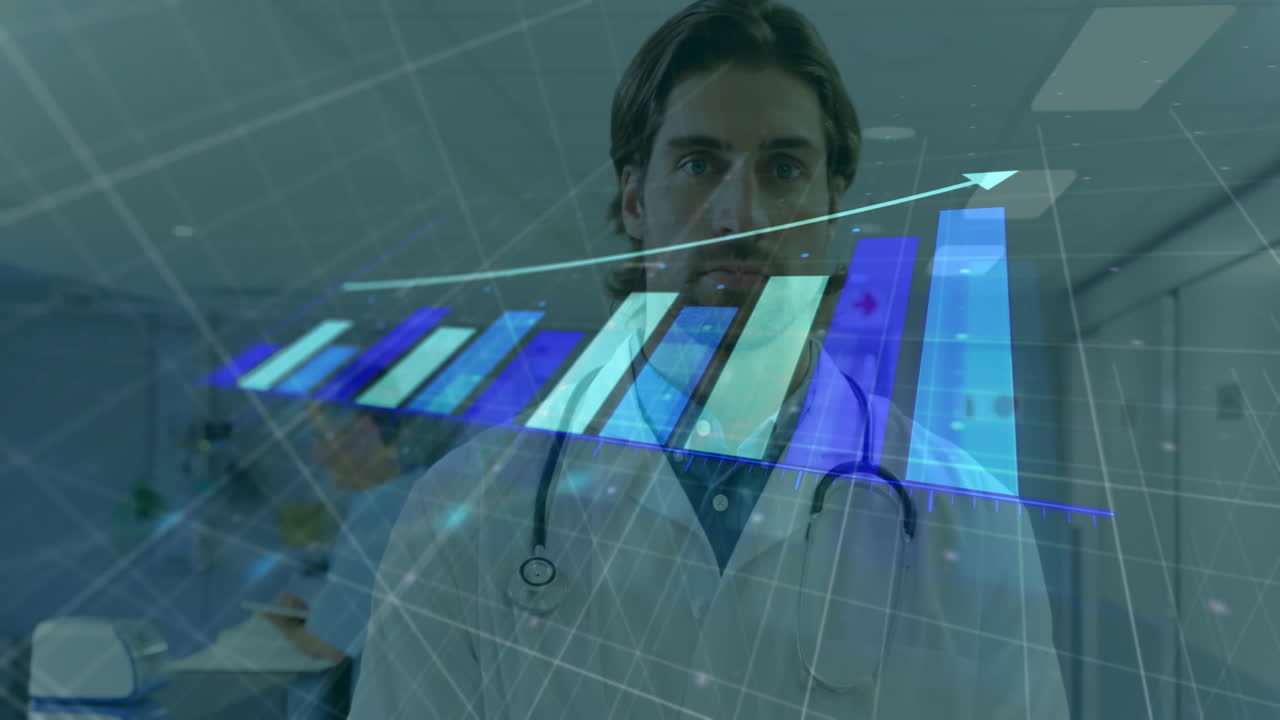 Animation of diagram and data processing over caucasian male doctor writing on clipboard