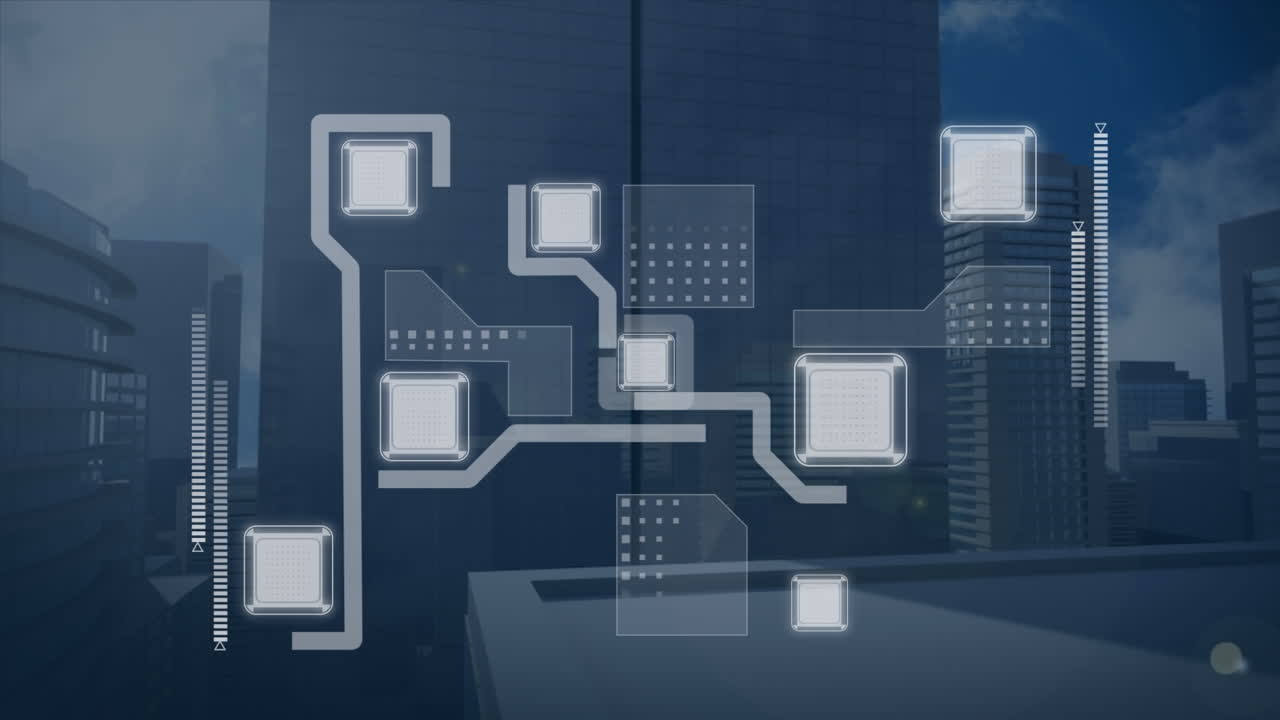 Animation of computer circuit board over cityscape