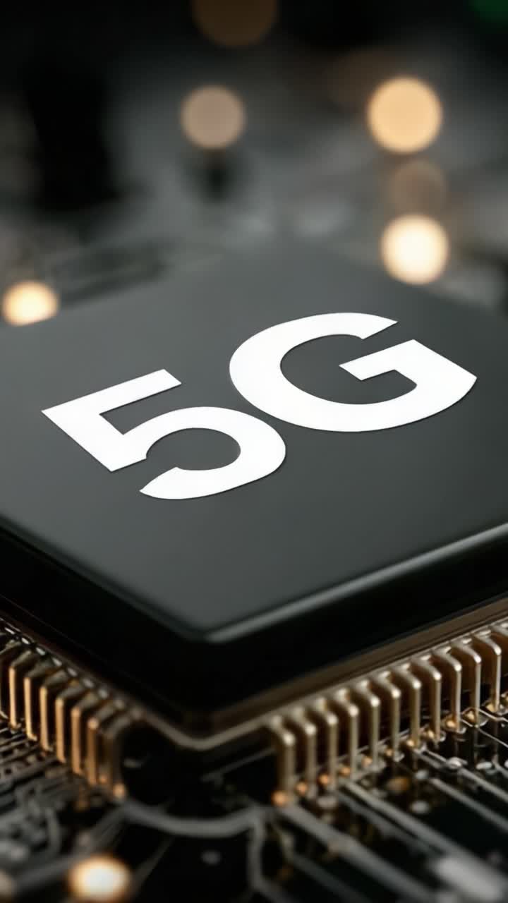 Esplorare i progressi tecnologici della tecnologia 5G attraverso primi piani dettagliati di un microchip con un logo 5G ben visibile