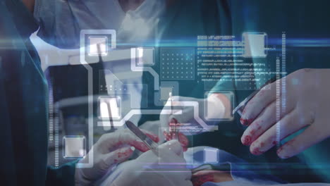 animation of data processing with network of connections over surgeons in operating theatre