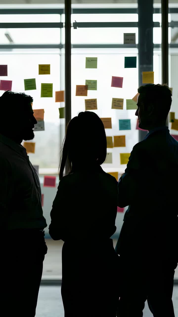 Vertikal video: Gennemgang af sticky notes med mødestart, team der scanner glasvæg i jakkesæt