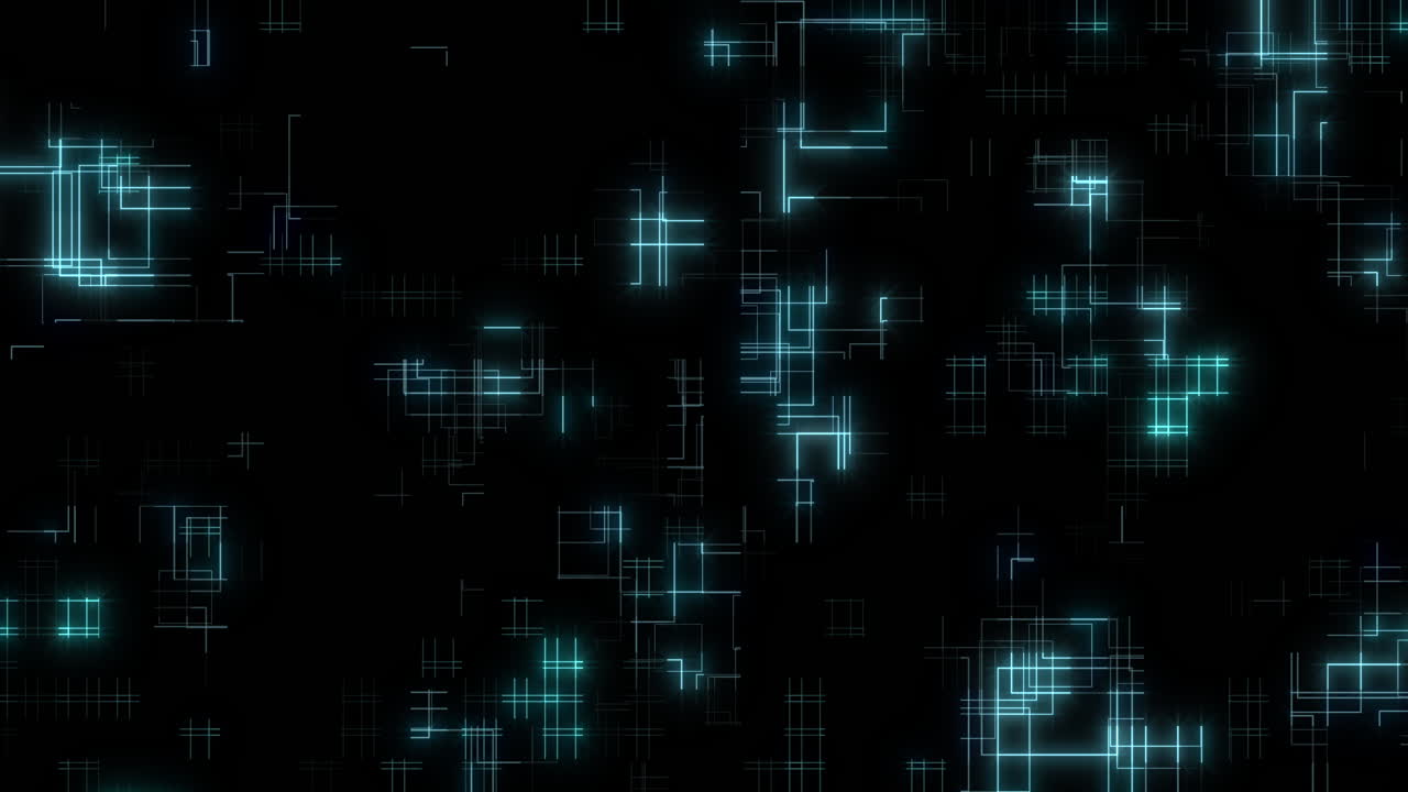 Abstract black background featuring a grid pattern of luminescent blue squares in varying sizes and shapes, creating a visually striking and vibrant aesthetic