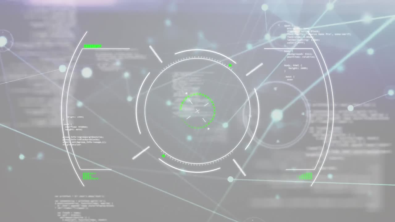 추상적인 배경에 대한 컴퓨터 언어를 통해 원과 연결된 점의 애니메이션