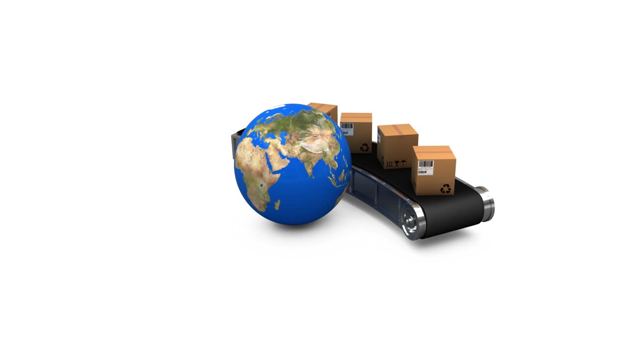 animación de un globo junto a cajas de cartón en una cinta transportadora sobre fondo blanco