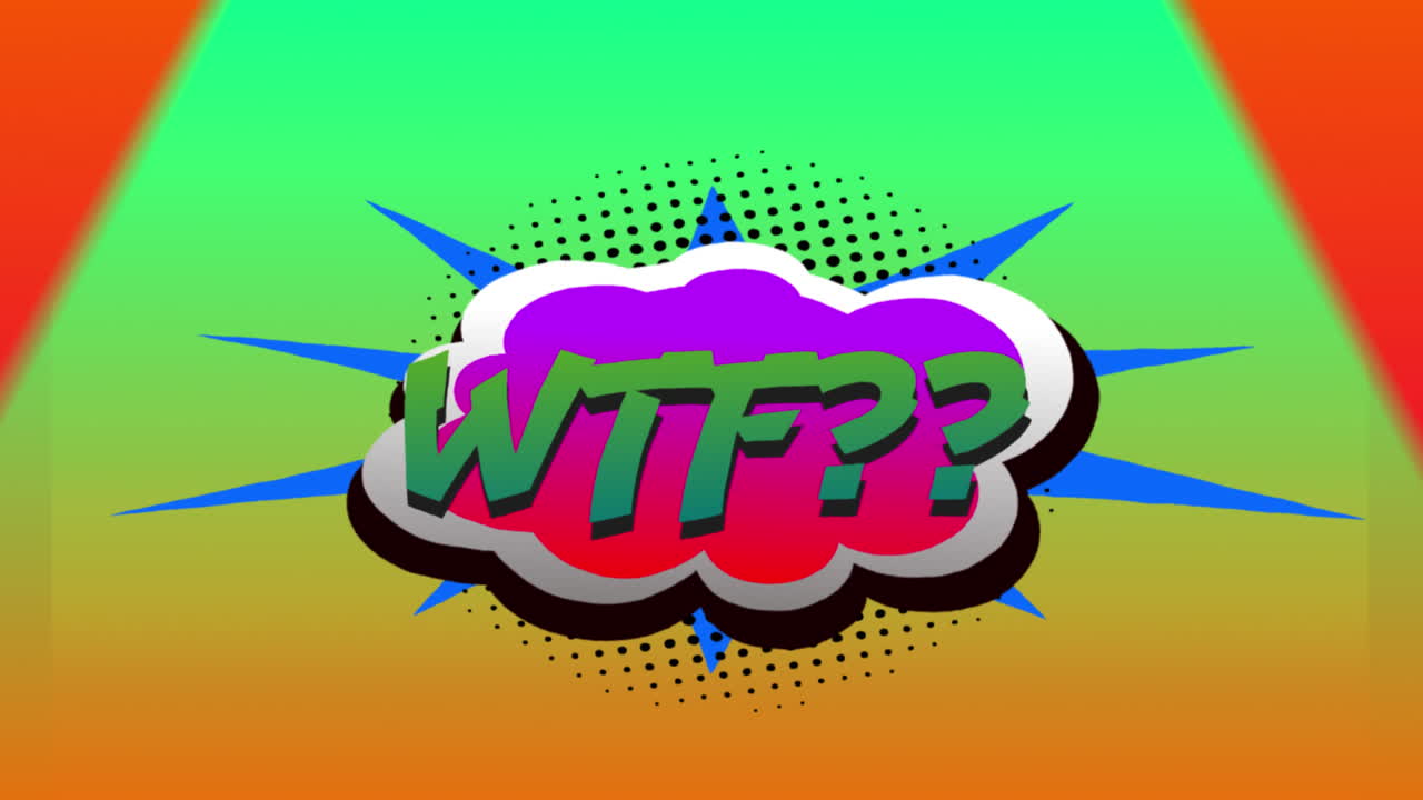 wtf escrito en una explosión de dibujos animados con coloridos triángulos concéntricos en el fondo