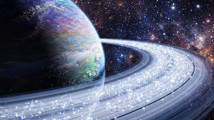 A Majestic Cosmic Scene Featuring a Colorful Planet Surrounded by Glimmering Rings Set Against a Stunning Starry Background