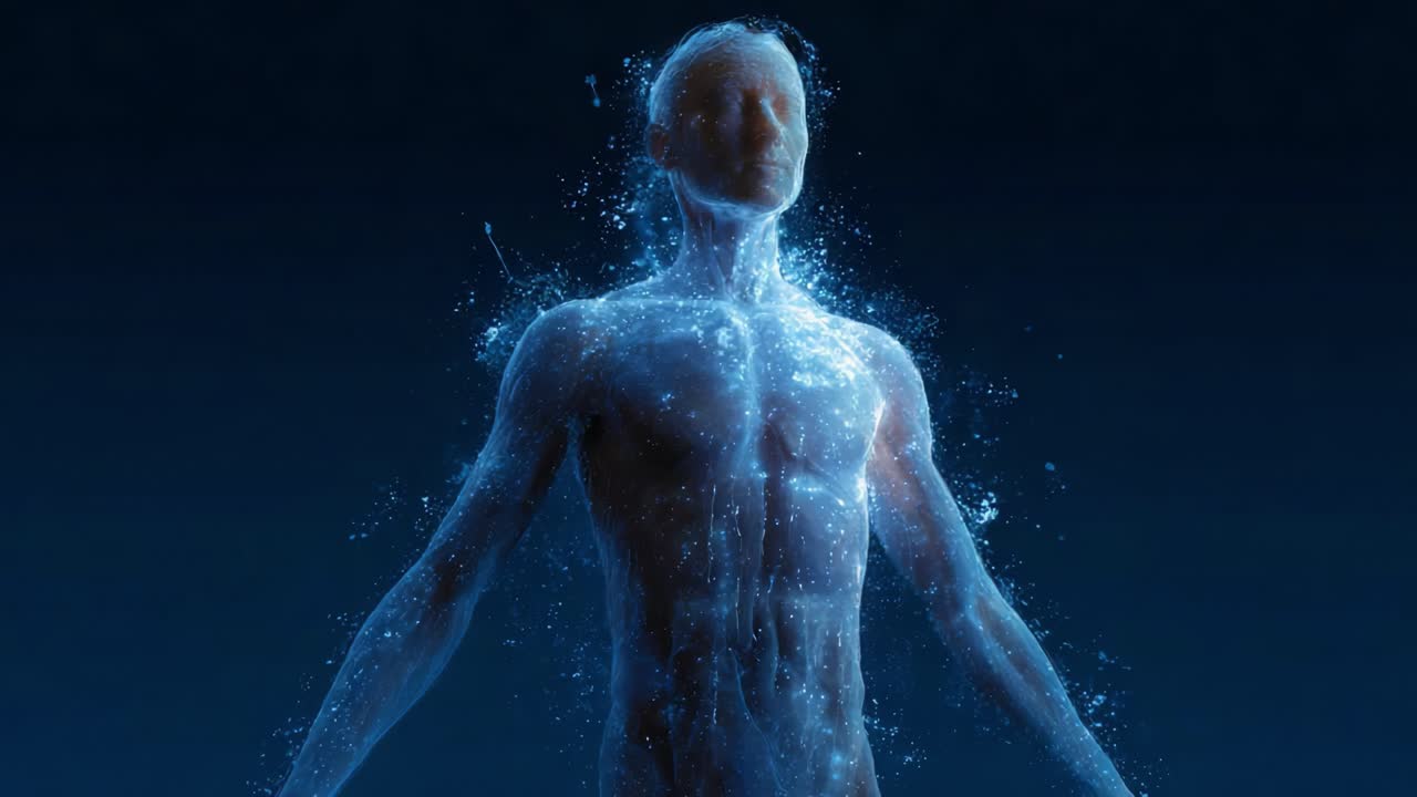 A Stunning Visualization of a Human Figure Emitting Ethereal Blue Light and Water Particles, Capturing the Essence of Motion and Energy in a Futuristic Environment
