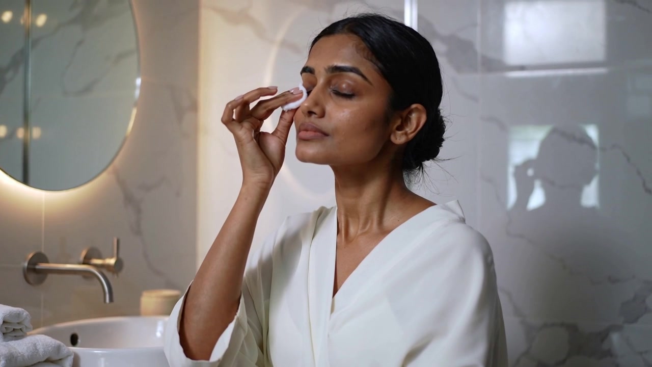 Holding cotton pad, woman in white bathrobe gently cleansing eye area at bathroom sink, with mirror