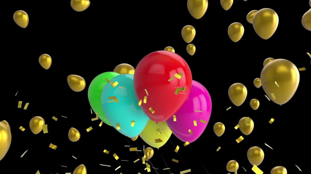animación de confeti cayendo y globos sobre fondo negro