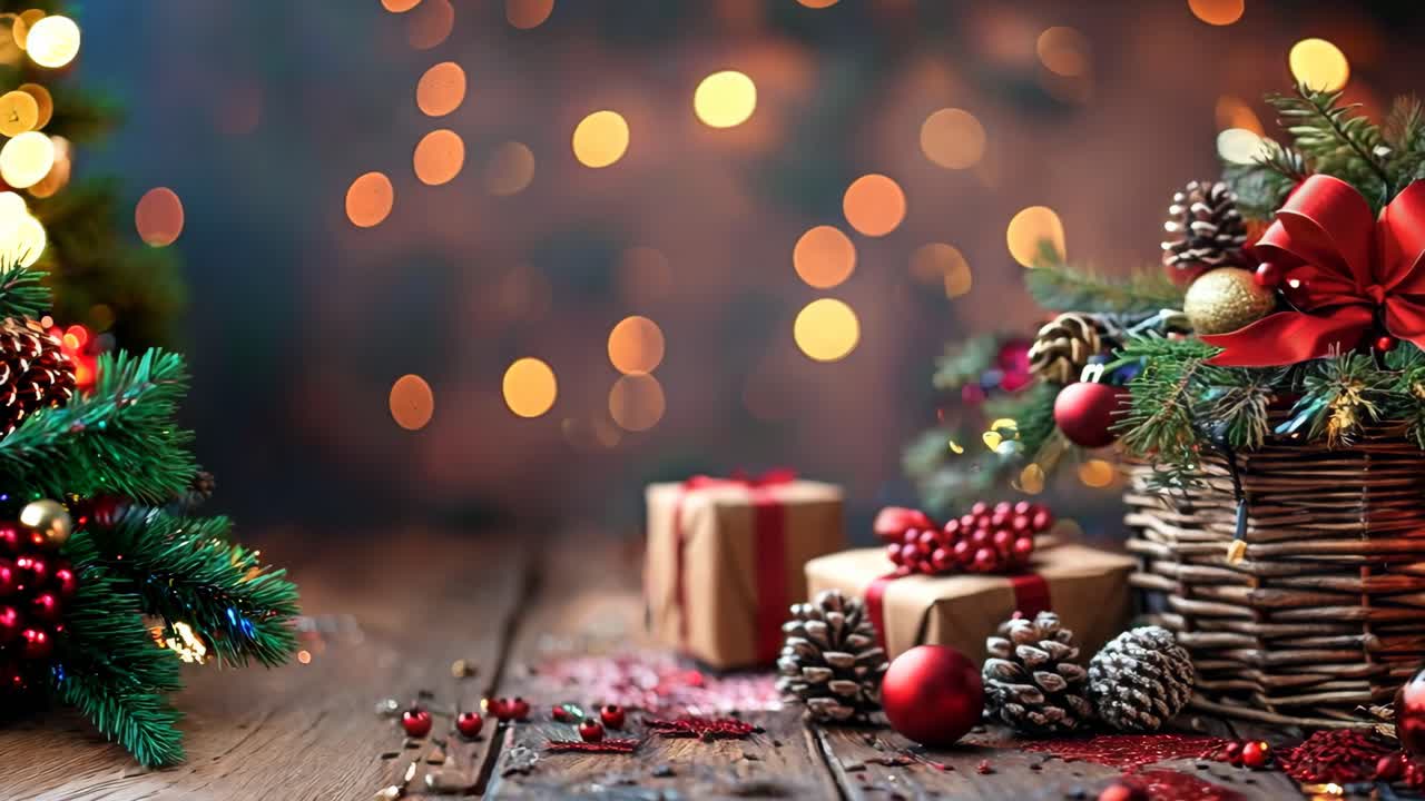 A basket of Christmas decorations sits on a wooden table. The decorations include pine cones, red bows, and other ornaments. The scene conveys a festive and joyful mood