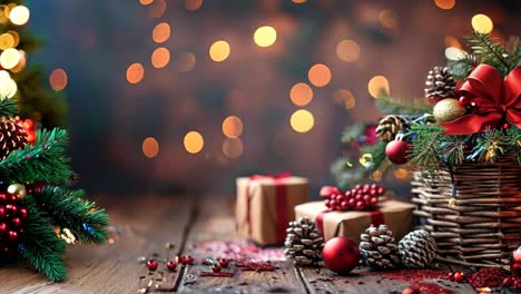 a basket of christmas decorations sits on a wooden table. the decorations include pine cones, red bows, and other ornaments. the scene conveys a festive and joyful mood