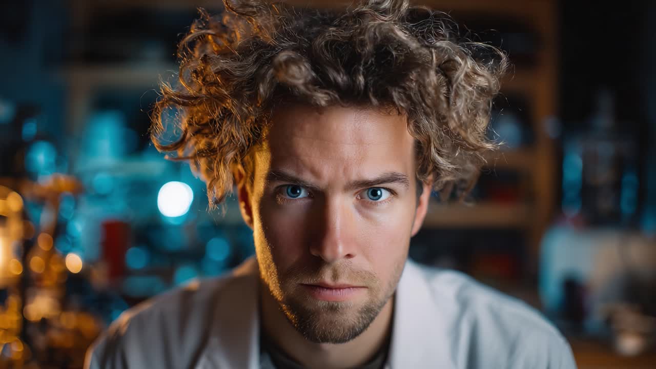 A contemplative scientist with tousled hair stares intently into the camera, showcasing a moment of deep thought and concentration in a laboratory environment