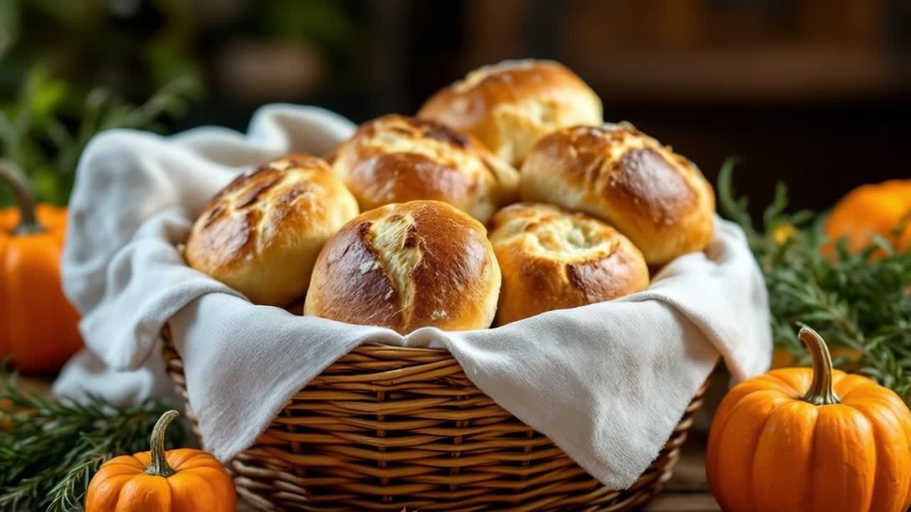 Freshly baked golden rolls in a rustic basket, surrounded by vibrant pumpkins and greenery, creating a warm autumnal atmosphere with inviting textures and colors