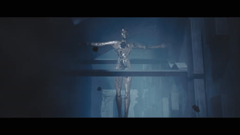 Broken Robot in a Dark, Futuristic Ruins