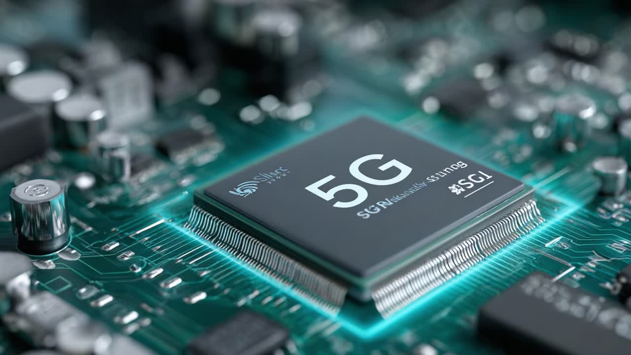 Esplorare i progressi della tecnologia con una vista ravvicinata di un chipset 5G che mette in mostra le innovazioni nei moderni sistemi di comunicazione ed elettronica
