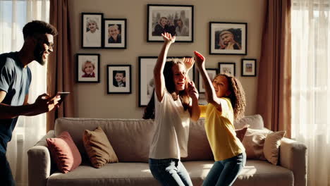 happy family dancing together at home