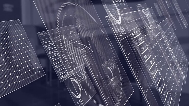 Animation of interface with data processing against empty office