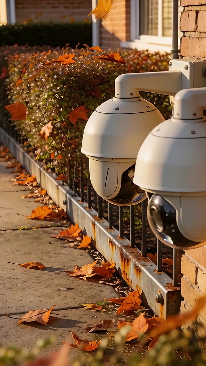 Vertical video: Gust pushing leaves across front path, two dome cameras guarding site, copy space