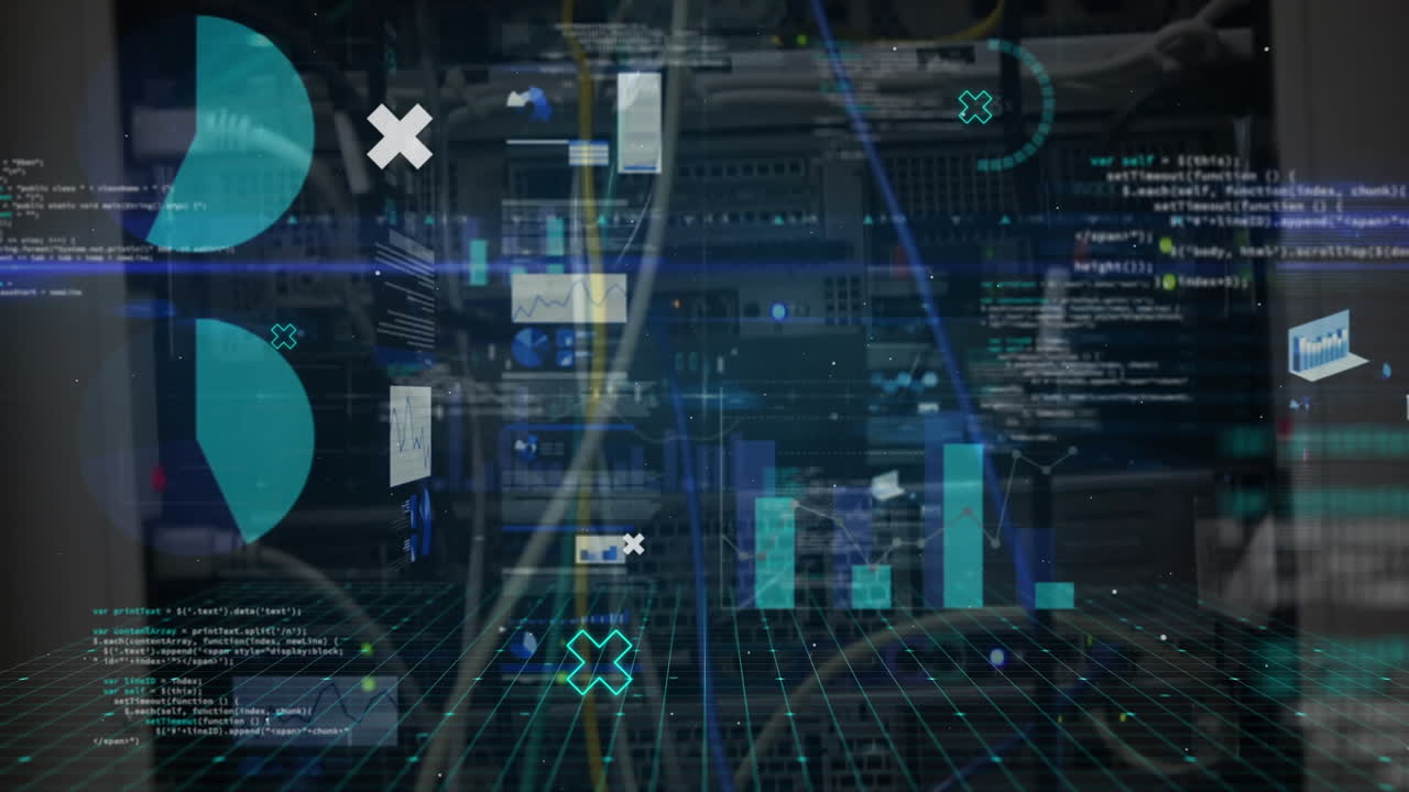 Animation of data processing and diagram over server room
