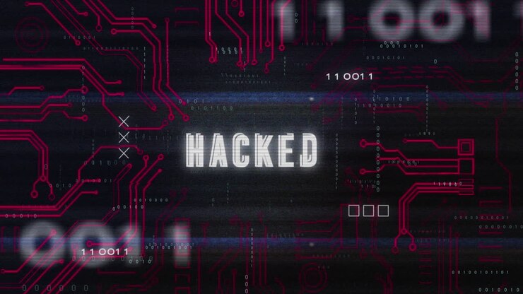 Animation de codes binaires sur du texte piraté dans un motif de carte de circuit imprimé sur fond noir.