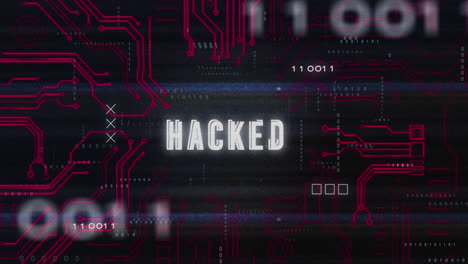 animación de códigos binarios sobre texto hackeado en patrón de placa de circuitos contra fondo negro