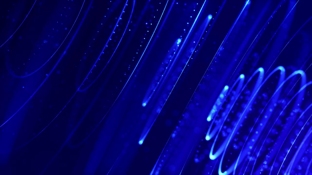 4k 루프 sf 미세 세계 또는 공간의 배경은 보케와 빛 효과로 빛나는 파란색 입자가 선, 표면, 복잡한 둥근 구조를 부드러운 움직임으로 형성합니다.