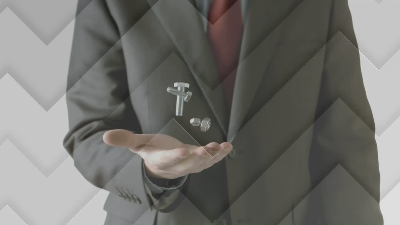 ⁇ 색 배경 에 사업가 가 견과류 와 볼트 를 던지고 잡는 지그자그 선 의 애니메이션