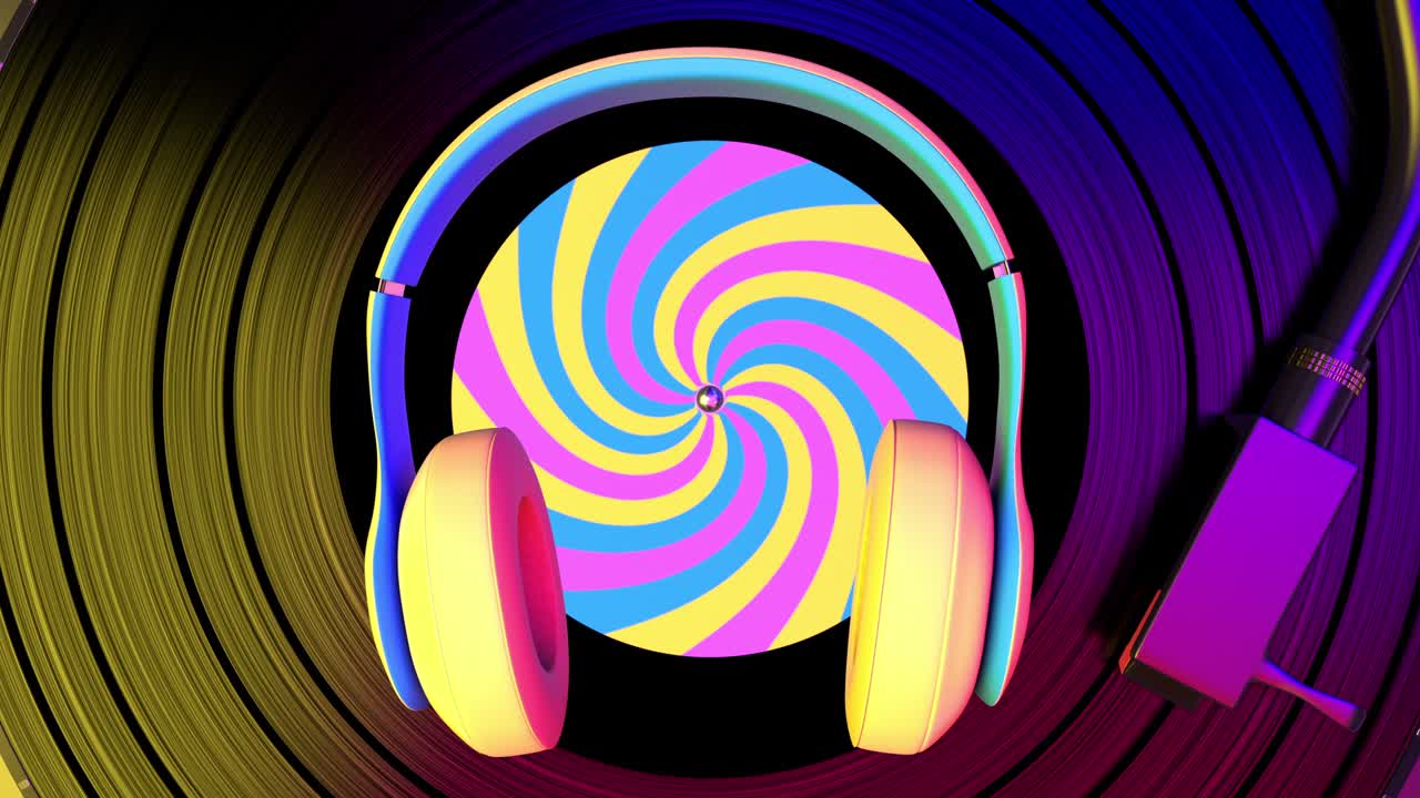 Yellow headphone moving with rhythm night club music against turning vinyl disc