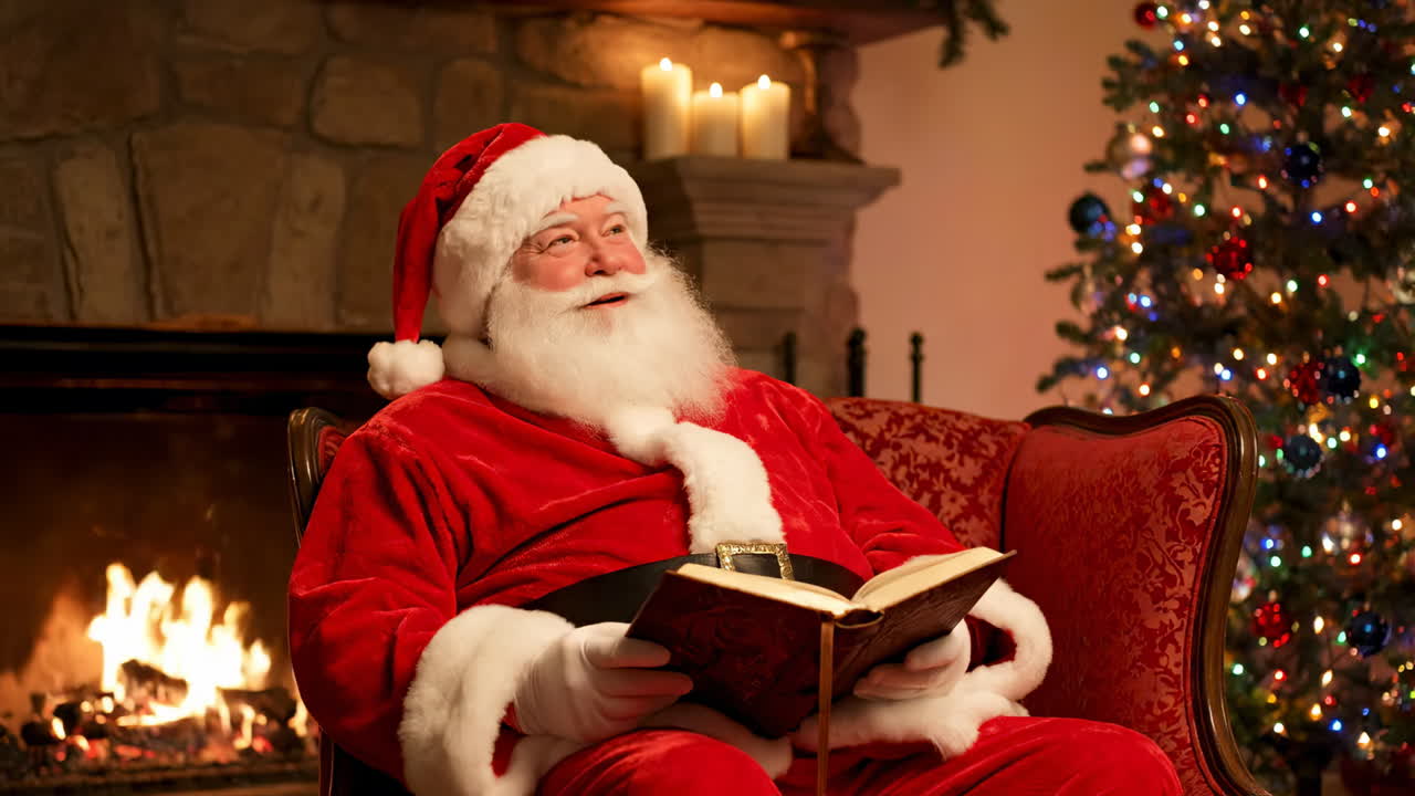 Santa by the fireplace. Santa sits comfortably by the warm fireplace, reading a book while a Christmas tree twinkles nearby