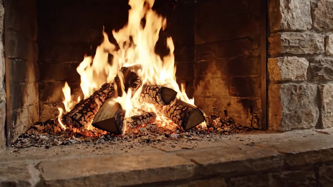 Una acogedora escena de sala de estar con una hermosa chimenea de piedra y un fuego danzante, perfecta para crear una atmósfera cálida y acogedora en noches frías.