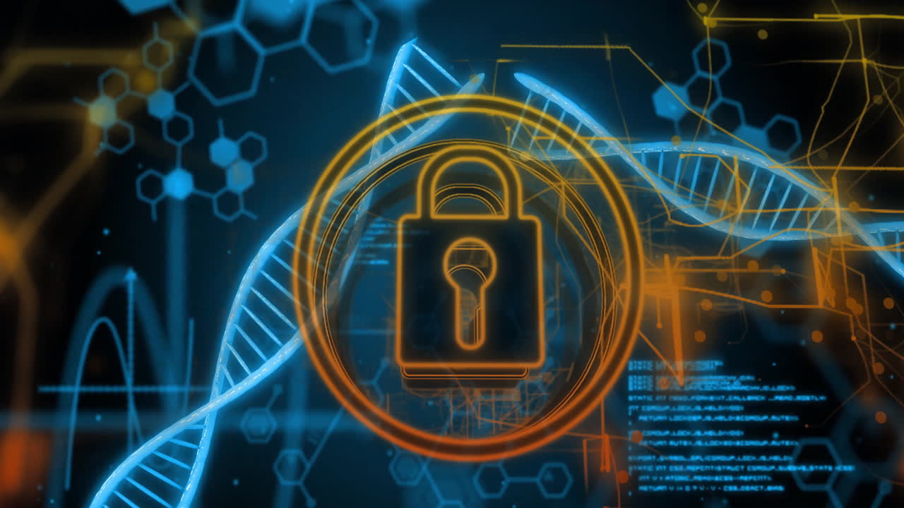 Animation of lock symbol over DNA strands, representing data security in school